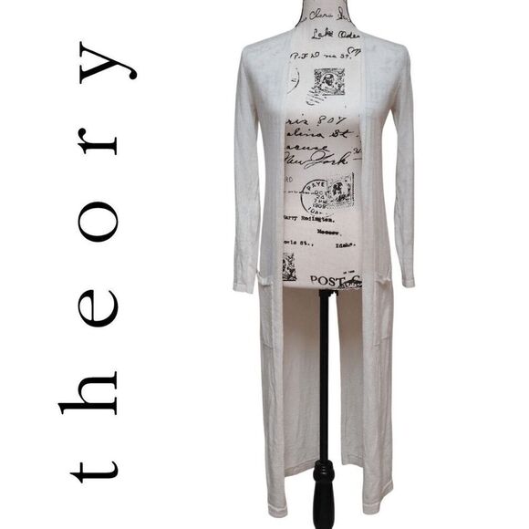 THEORY Torina Off White Long Knit Open Front Duster Cardigan Merino Linen XS-S - Picture 1 of 15